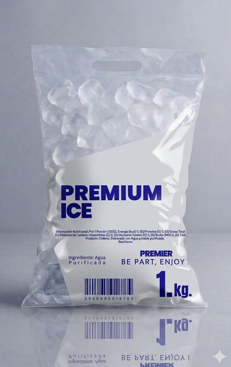 Bolsa de hielo blanca con letras azules, 1 kilo