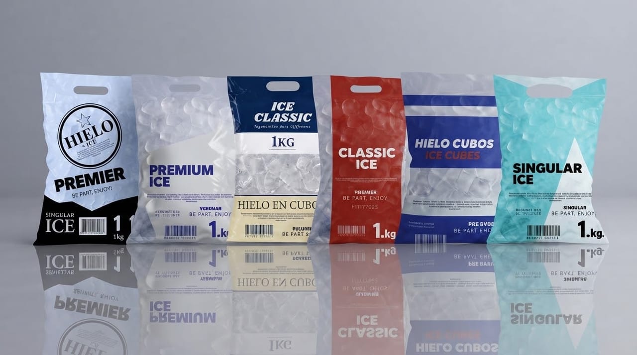 Seis modelos de bolsa para hielo de 1 kilo en fila: negra, blanca, azul marino, roja, franjas azules y turquesa